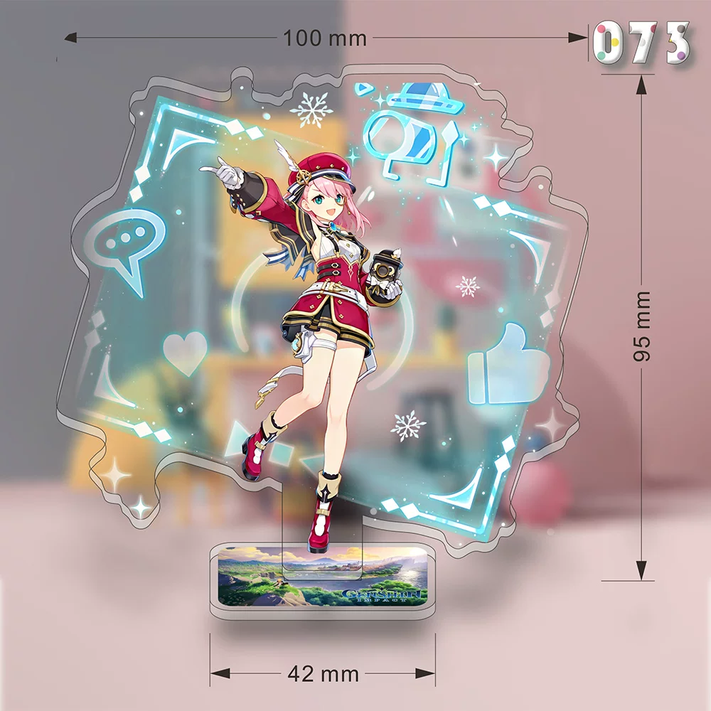Acrylic Charlotte Genshin Impact stand by Shadora featuring a detailed character figure on a decorative base.