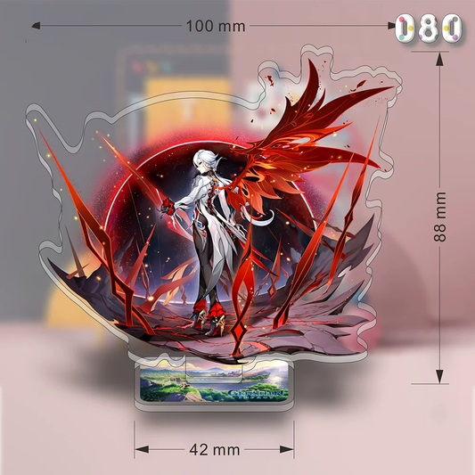 Shadora Arlecchino acrylic stand featuring Genshin Impact character with colorful design and detailed figure.