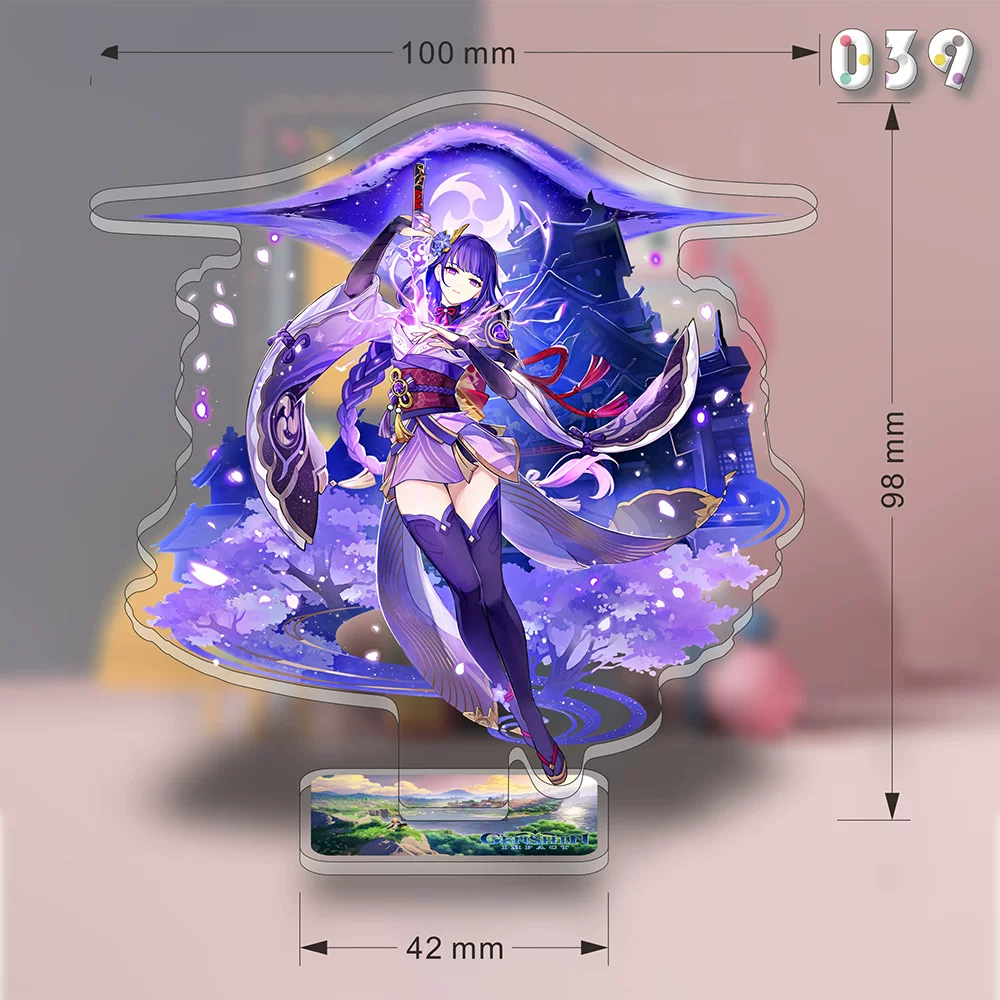 Akrilik stand featuring Raiden Shogun from Genshin Impact by Shadora, with detailed design and vibrant colors.
