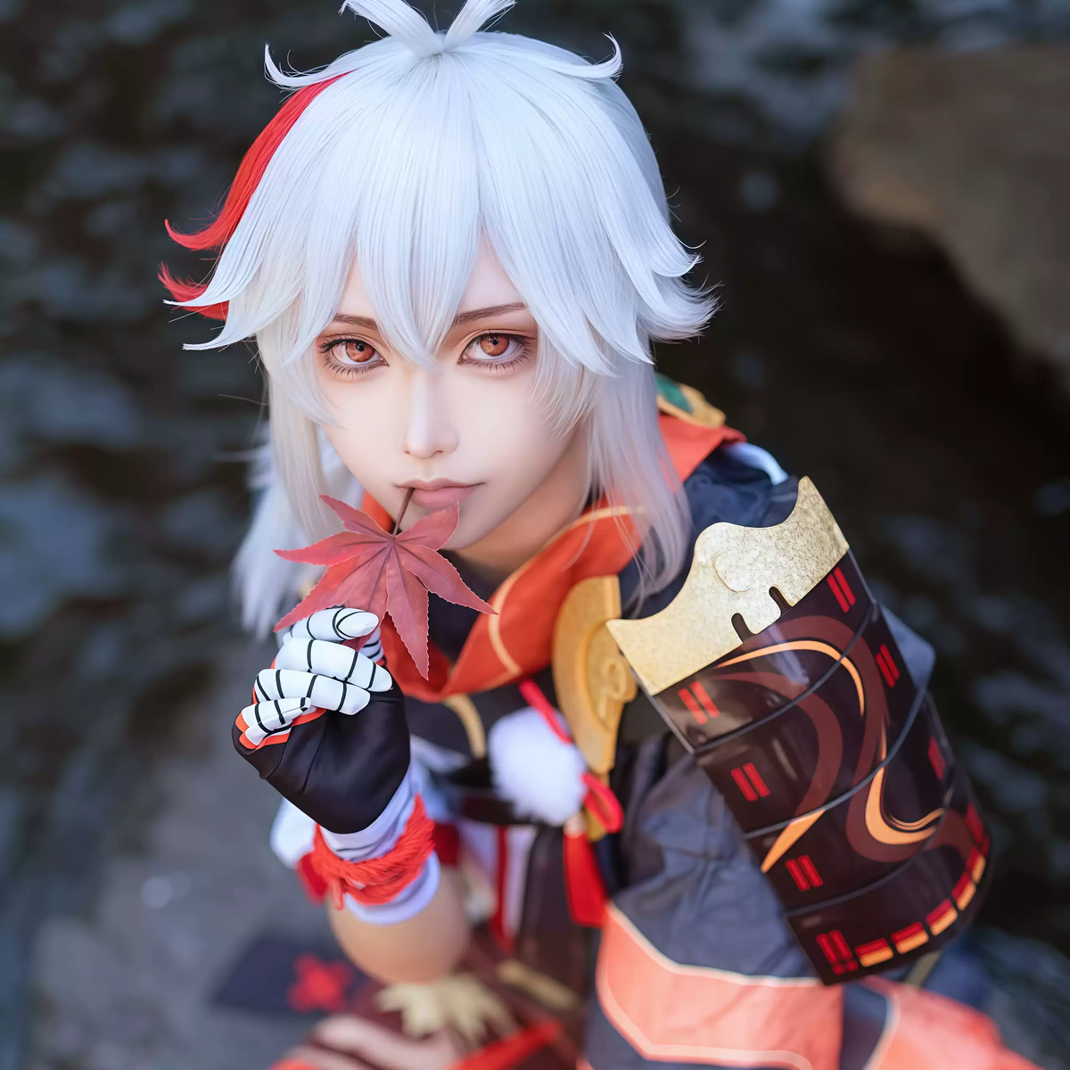Kazuha cosplay costume with wig from Shadora, featuring detailed design and vibrant hair for authentic character look.