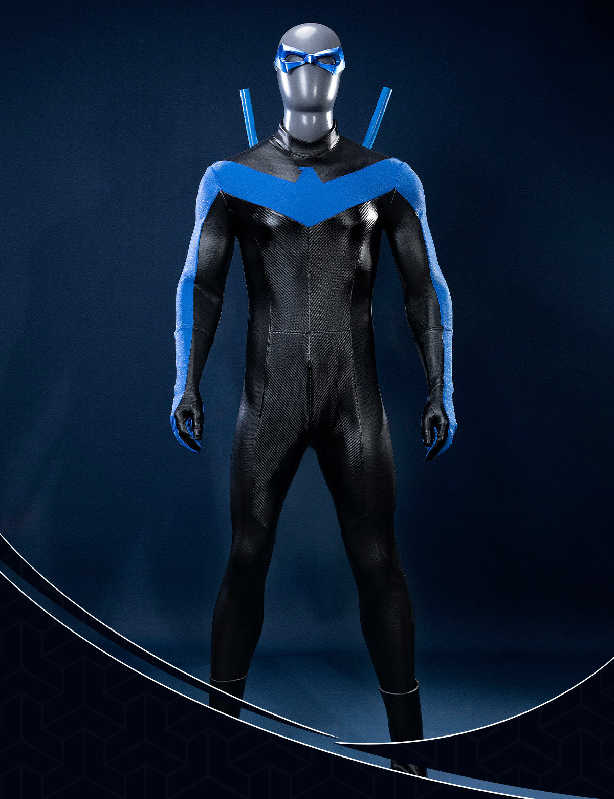Nightwing Grayson cosplay costume by Shadora, featuring a detailed black and blue mask and costume inspired by the comic hero.