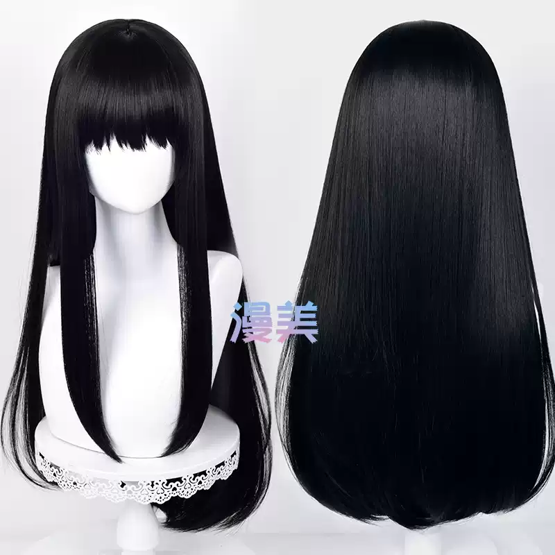 Shadora black wig displayed on a mannequin, showcasing silky long black hair with natural waves and realistic hairline.