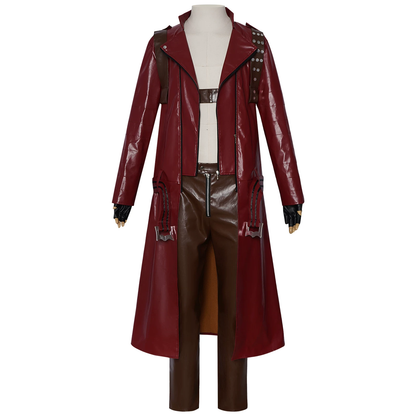 Dante cosplay costume and wig from Devil May Cry by Shadora, featuring character's signature black coat and silver hair.