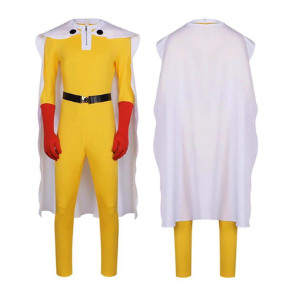 Shadora Saitama cosplay from One Punch Man featuring Saitama's iconic yellow suit and white cape.
