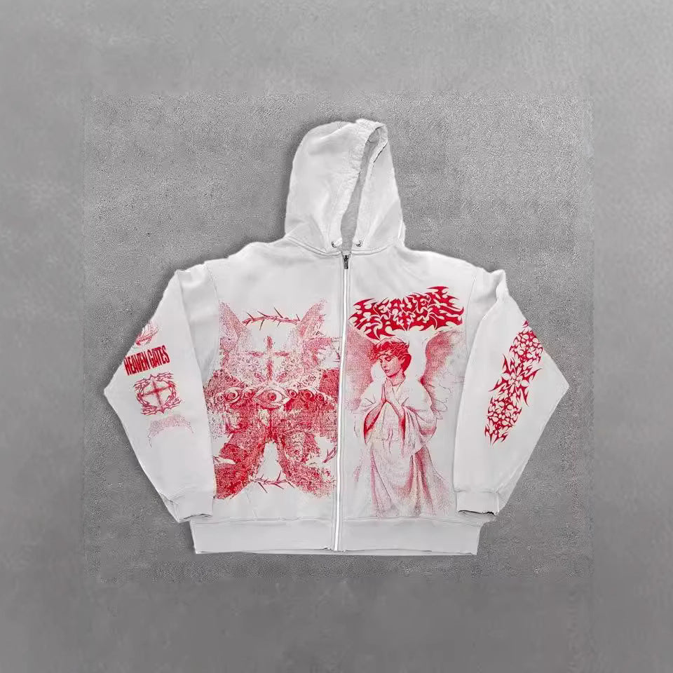 Eprolo Melek baskılı oversize hoodie with zip-up front, featuring colorful angel design and a cozy, relaxed fit.