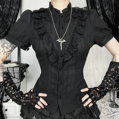 Eprolo Lolita/Gotik Dar Kesim Gömlek with long sleeves, black fabric, and Victorian-inspired design for gothic fashion style.