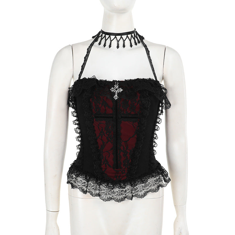 Red and black mini skirt and top set by eprolo, featuring a stylish matching design, shown on a model.
