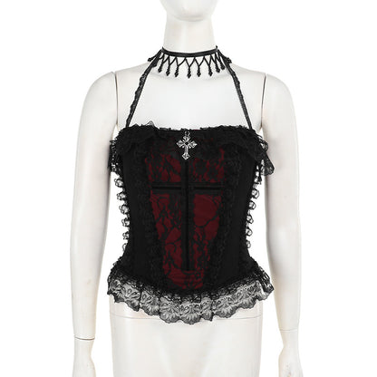 Red and black mini skirt and top set by eprolo, featuring a stylish matching design, shown on a model.