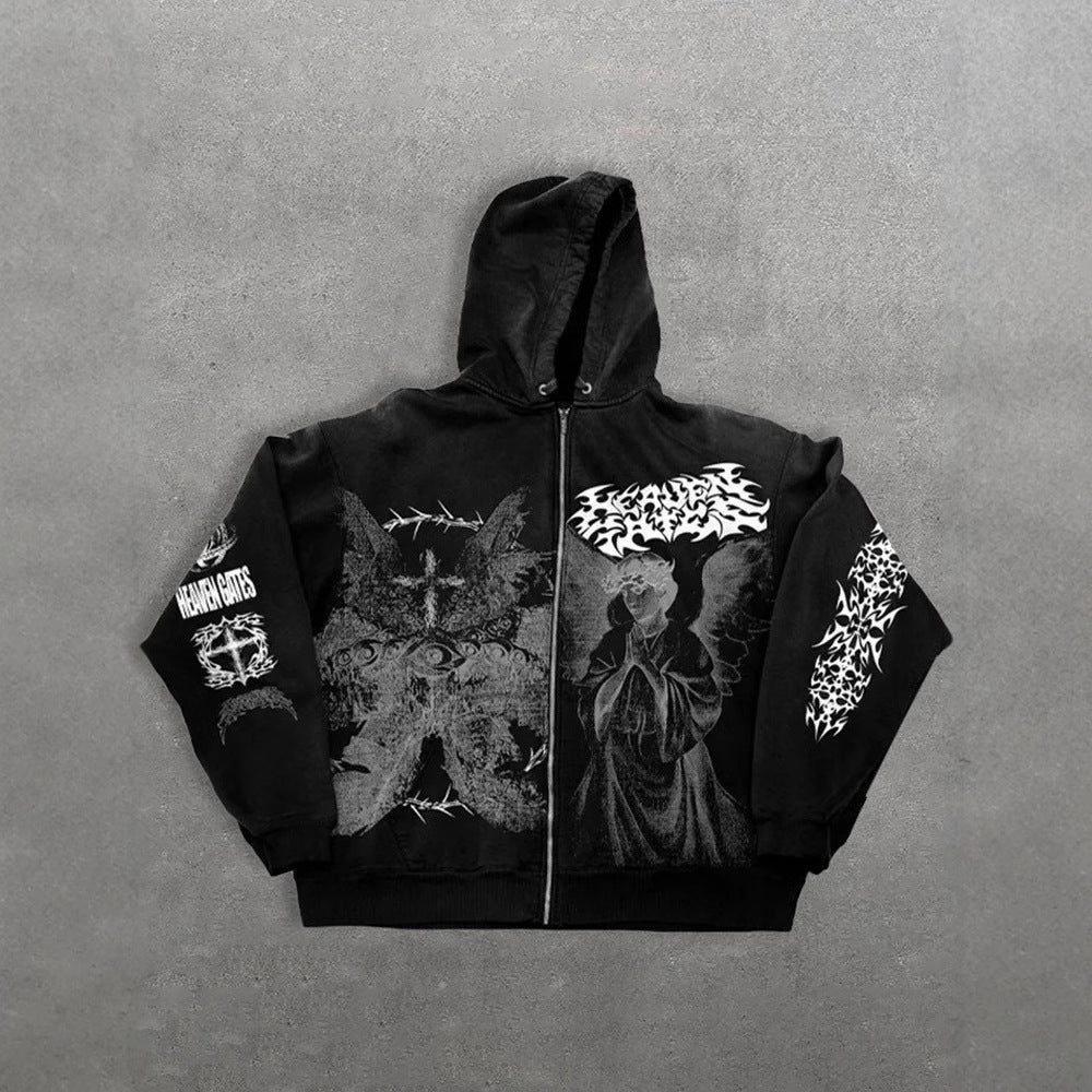 Eprolo Melek print oversized hoodie with zip-up front and hood, featuring colorful angel graphic design.