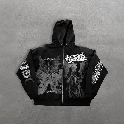 Eprolo Melek print oversized hoodie with zip-up front and hood, featuring colorful angel graphic design.
