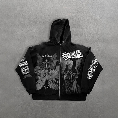 Eprolo Melek print oversized hoodie with zip-up front and hood, featuring colorful angel graphic design.