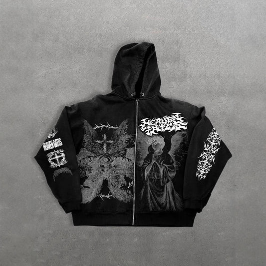 Eprolo Melek print oversized hoodie with zip-up front and hood, featuring colorful angel graphic design.
