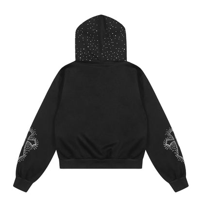 Eprolo Haç desenli taşlı zipper hoodie with front pocket and adjustable drawstrings, stylish casual wear for men and women.
