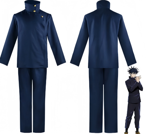Shadora Megumi cosplay with blue wig from Jujutsu Kaisen, featuring detailed costume and accessories.