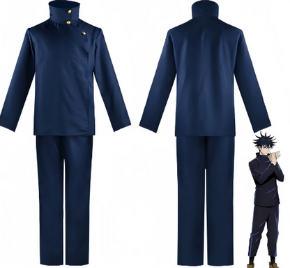 Shadora Megumi cosplay with blue wig from Jujutsu Kaisen, featuring detailed costume and accessories.