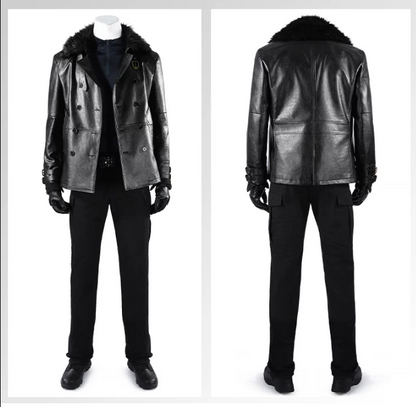 Leon Scott Kennedy cosplay with wig from Resident Evil, featuring detailed costume and accessories for authentic character look.