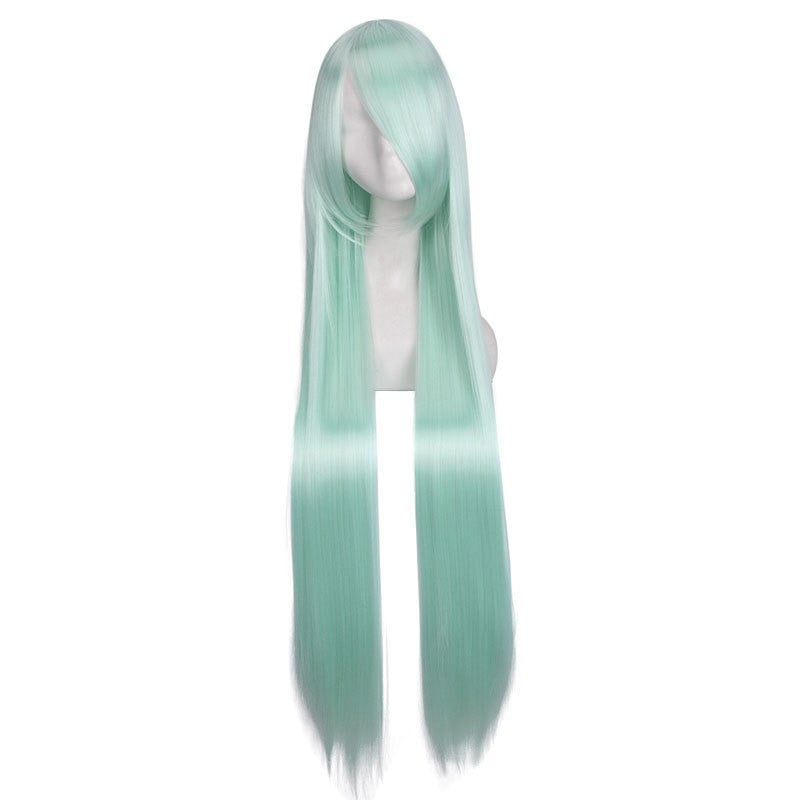 Colorful long eprolo wig, 100cm length, styled with vibrant shades, showing layered, flowing synthetic hair on a mannequin head.