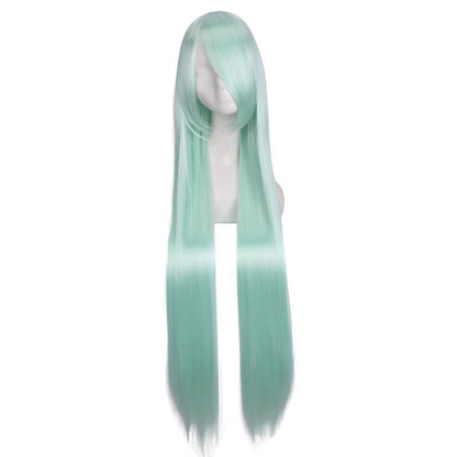 Colorful long eprolo wig, 100cm length, styled with vibrant shades, showing layered, flowing synthetic hair on a mannequin head.