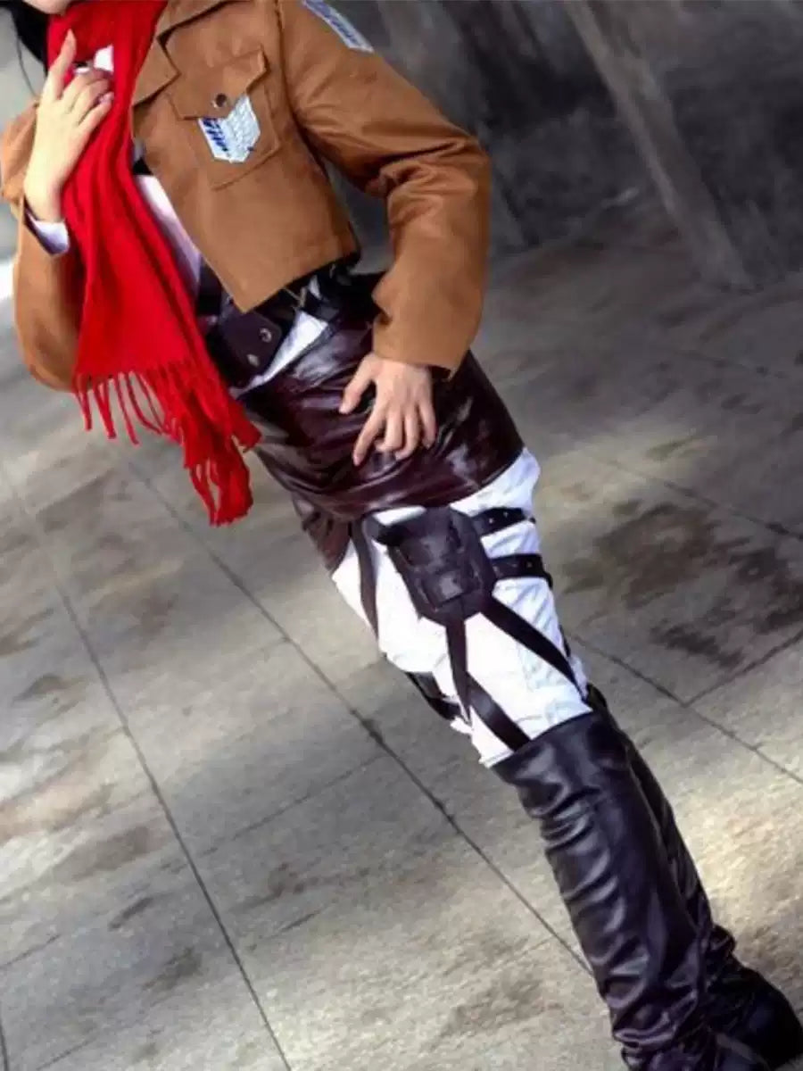 Mikasa Ackerman cosplay costume with wig from Attack on Titan, featuring detailed military uniform and styled brown hair.