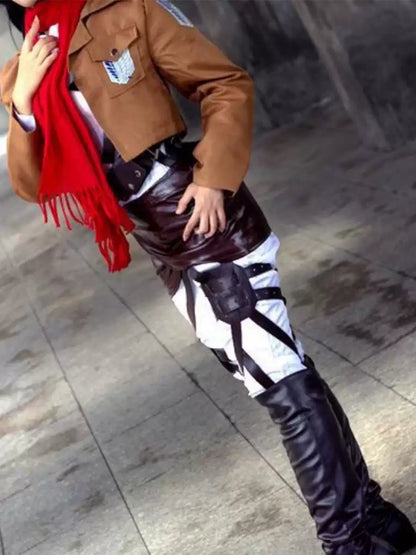 Mikasa Ackerman cosplay costume with wig from Attack on Titan, featuring detailed military uniform and styled brown hair.