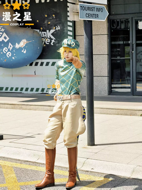 Shadora Dio Brando cosplay wig and costume from Jojo's Bizarre Adventure with detailed black attire and styled hair.