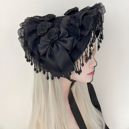 Black rose lace Lolita hat with floral details from eprolo, featuring intricate lace and elegant design.