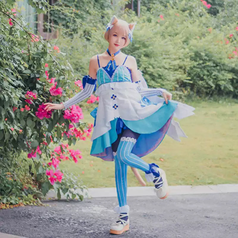 Felix Cosplay wig from Re:Zero by Shadora, featuring a vibrant blue and white styled wig with feline-inspired details.