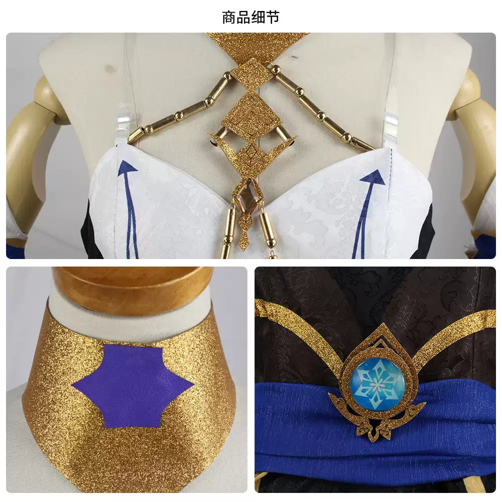 Layla cosplay and wig from Genshin Impact by Shadora, featuring detailed costume and styled blue hair wig on a mannequin.