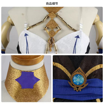 Layla cosplay and wig from Genshin Impact by Shadora, featuring detailed costume and styled blue hair wig on a mannequin.