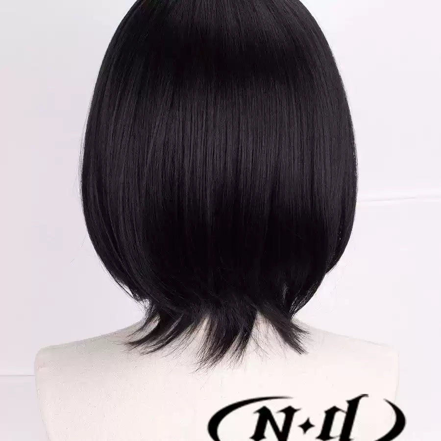 Mikasa Ackerman cosplay costume with wig from Attack on Titan, featuring detailed military uniform and short black hair wig.