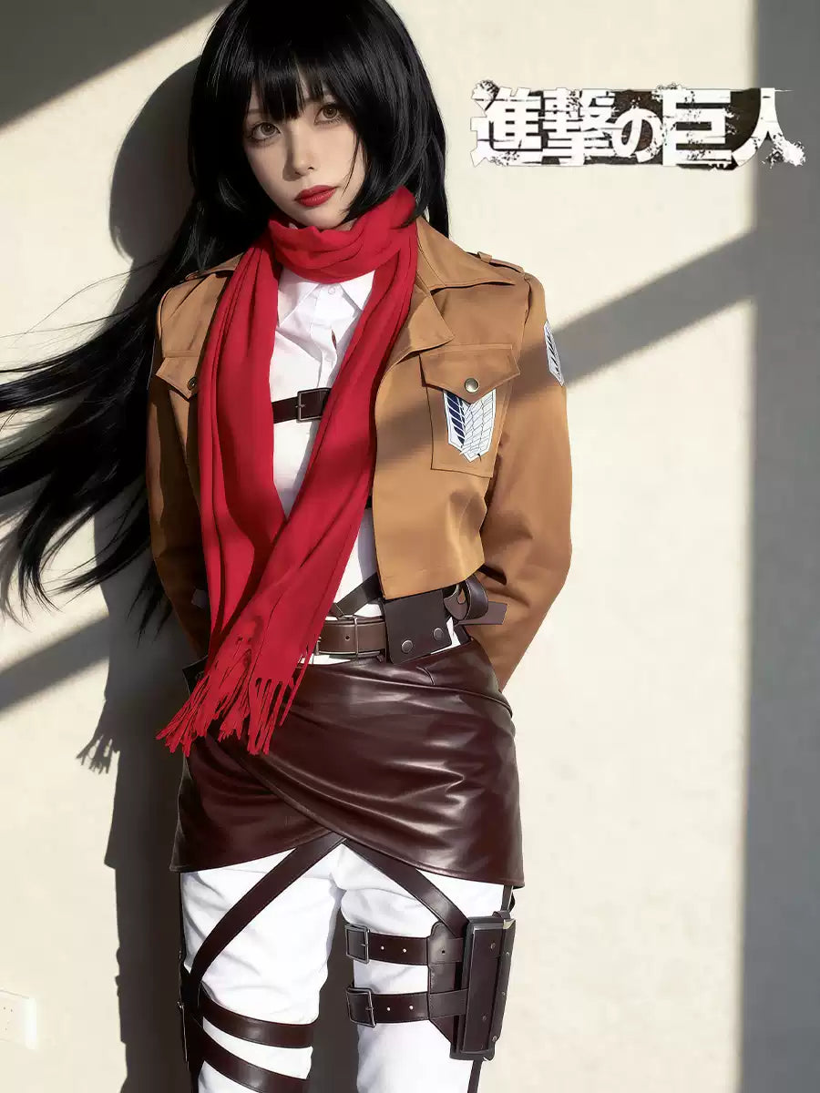 Mikasa Ackerman cosplay costume with wig from Attack on Titan, featuring detailed military-style uniform and short black hair wig.