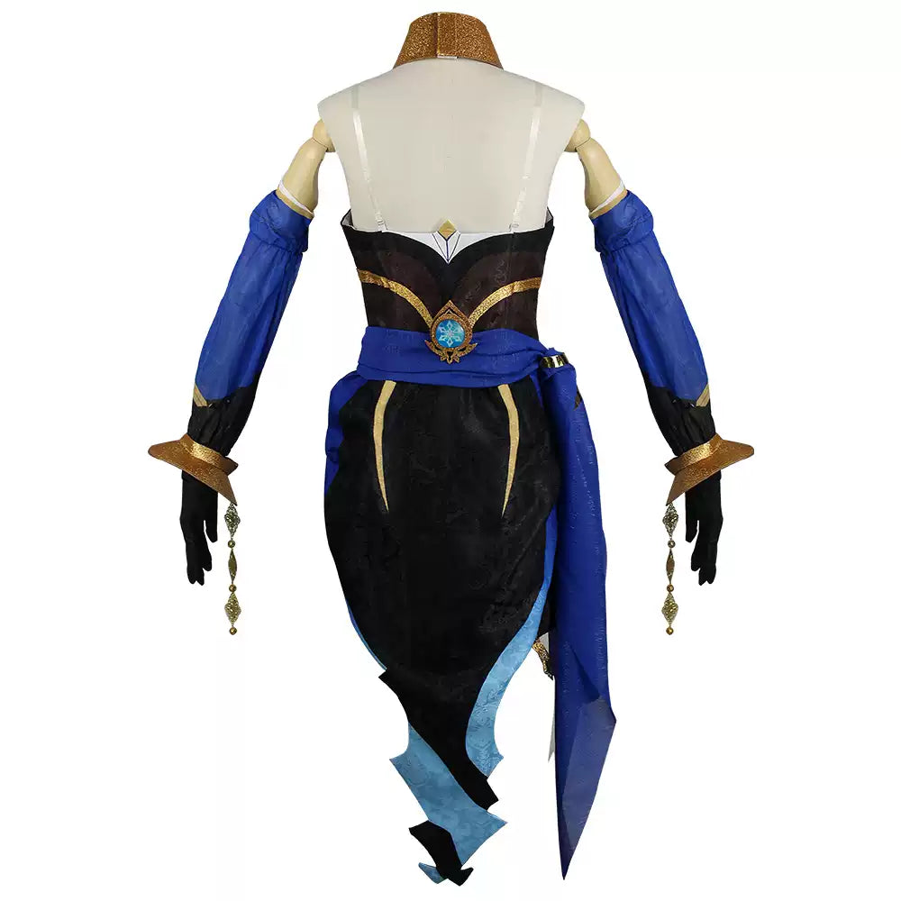 Layla cosplay and wig from Genshin Impact by Shadora, featuring detailed costume and styled blue hair wig.