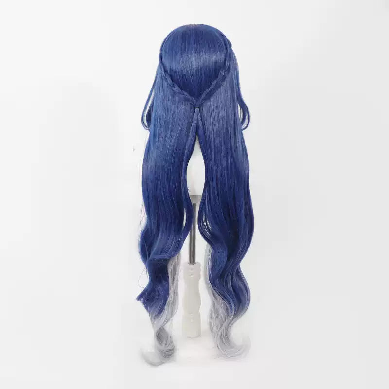 Shadora Lauma Cosplay Genshin Impact wig with long black hair and styled bangs, displayed on a mannequin head.