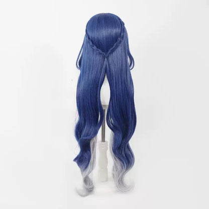 Shadora Lauma Cosplay Genshin Impact wig with long black hair and styled bangs, displayed on a mannequin head.