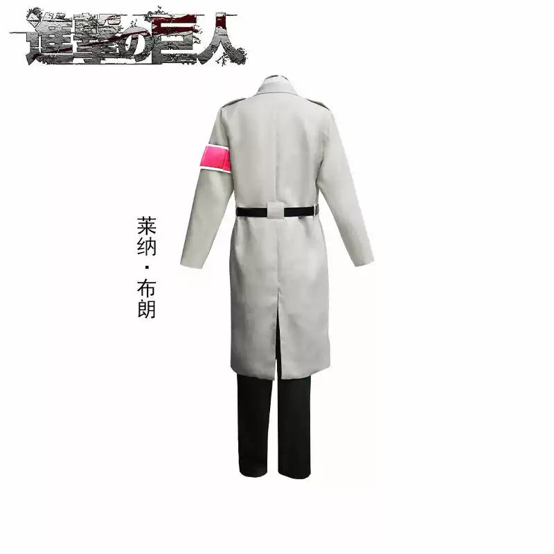 Shadora Erwin Smith cosplay costume from Attack on Titan featuring detailed uniform and gear, displayed on a mannequin.