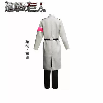 Shadora Erwin Smith cosplay costume from Attack on Titan featuring detailed uniform and gear, displayed on a mannequin.