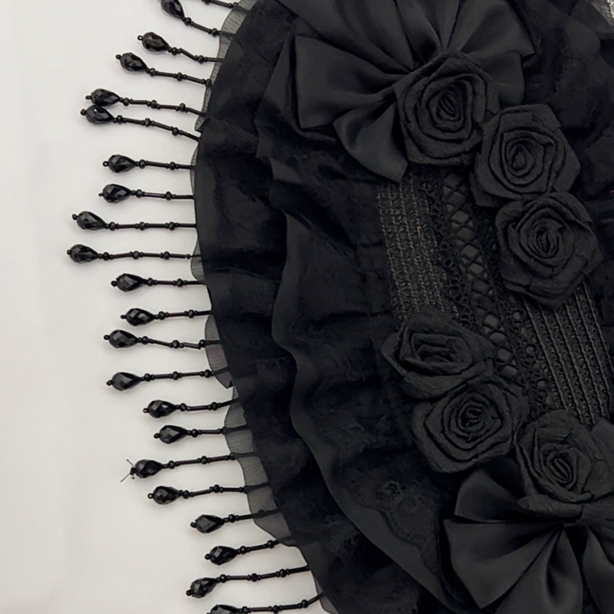Eprolo black lace Lolita hat with rose details, featuring intricate lace and floral accents for a stylish, vintage-inspired look.