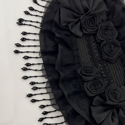 Eprolo black lace Lolita hat with rose details, featuring intricate lace and floral accents for a stylish, vintage-inspired look.