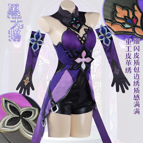 Black Swan cosplay costume from Honkai Star Rail, featuring detailed black and white design with character accessories.