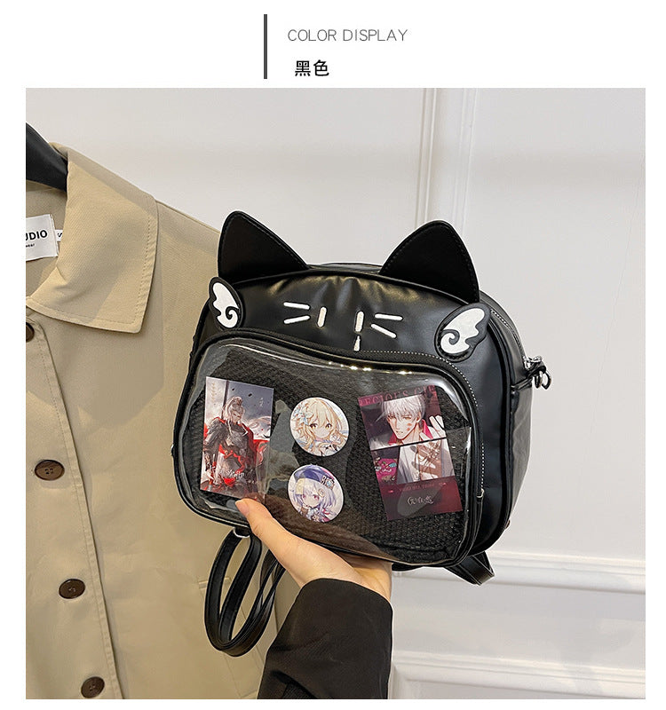 Y2K Kedi figürlü eprolo İta Crossbody Çanta with adjustable strap and colorful cat design on smooth fabric.