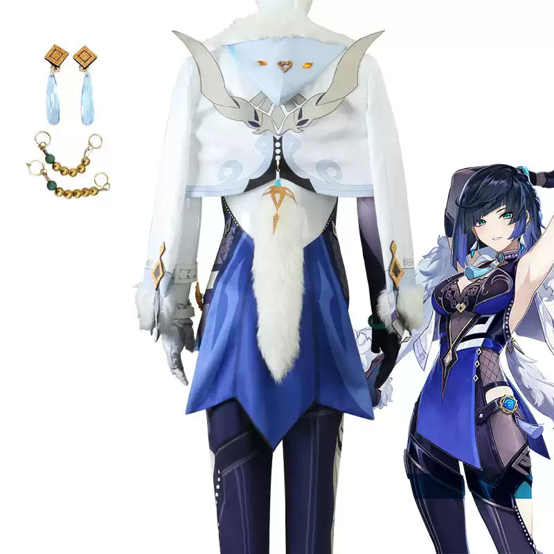 Yelan cosplay and wig from Genshin Impact featuring Shadora brand, with detailed costume and vibrant blue hair wig.