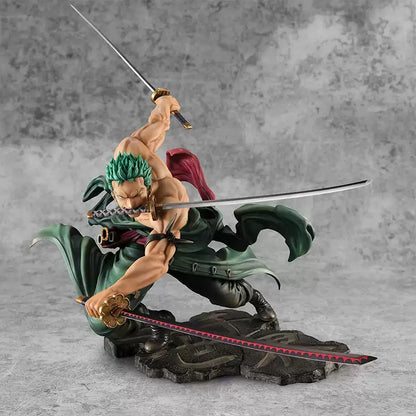 Shadora Roronoa Zoro figure from One Piece, detailed anime character sculpture with green hair and swords, on a stand.
