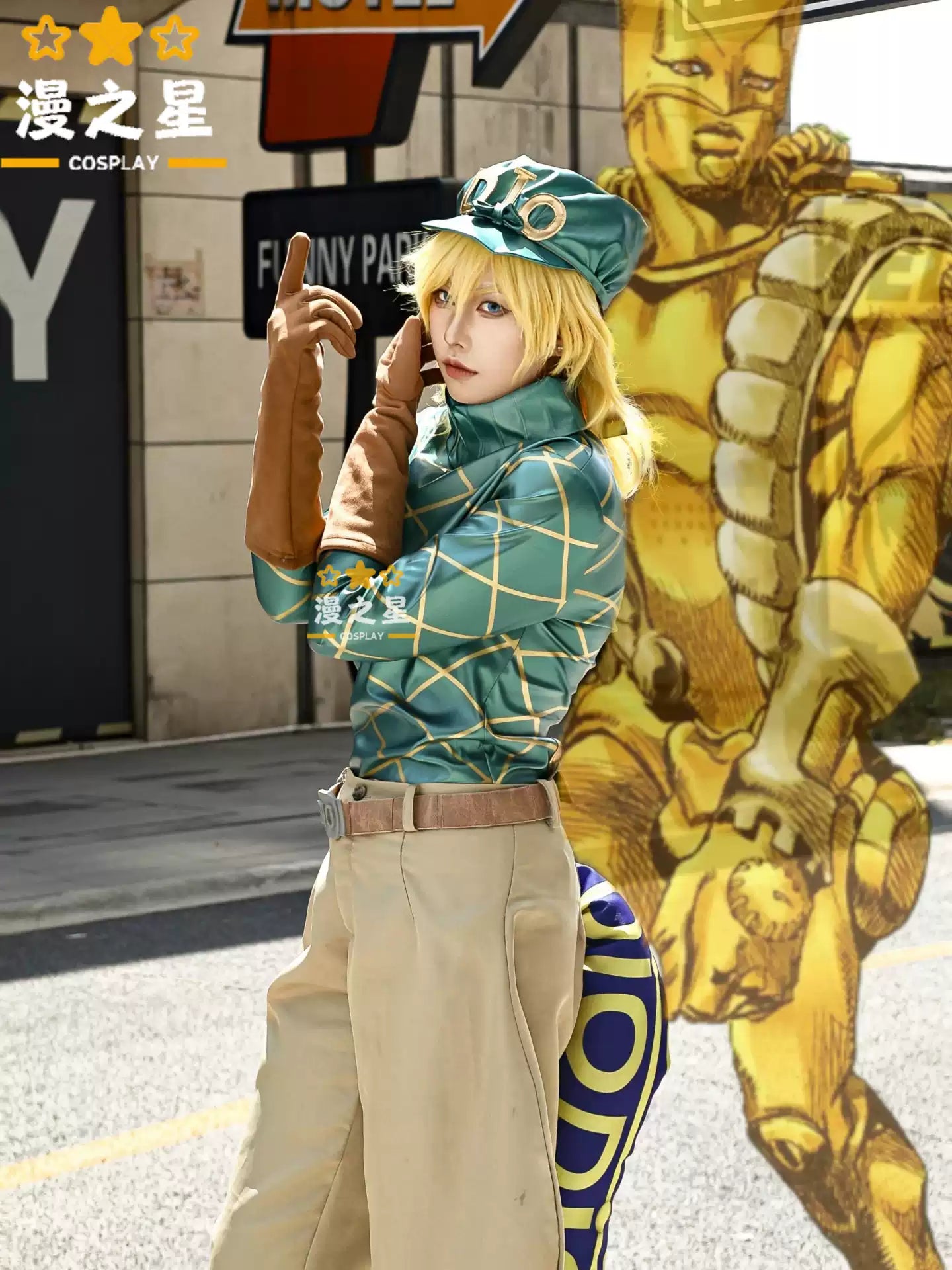 Dio Brando cosplay wig and costume from Jojo's Bizarre Adventure, displayed on a mannequin with detailed fabric and styling.