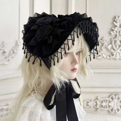 Black rose lace Lolita hat with floral detailing from eprolo, featuring intricate lace patterns and a stylish, vintage-inspired design.