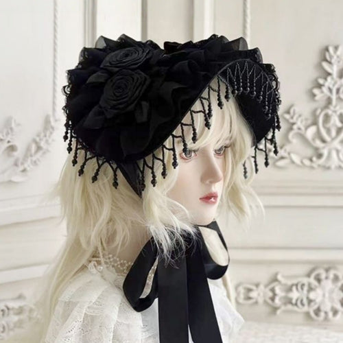 Black rose lace Lolita hat with floral detailing from eprolo, featuring intricate lace patterns and a stylish, vintage-inspired design.