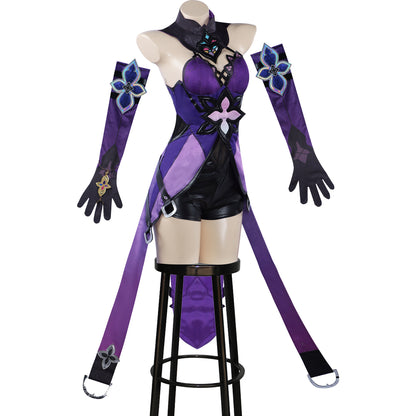 Black Swan cosplay costume from Honkai Star Rail, featuring detailed black and red design with intricate fabric details.
