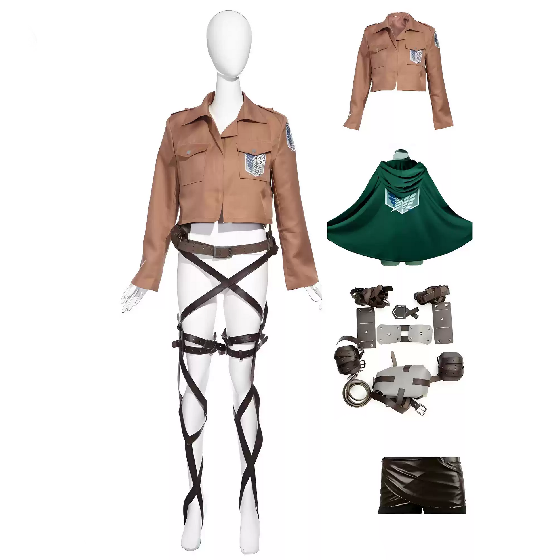 Mikasa Ackerman cosplay costume with wig from Attack on Titan, featuring detailed military uniform and short black hair wig.