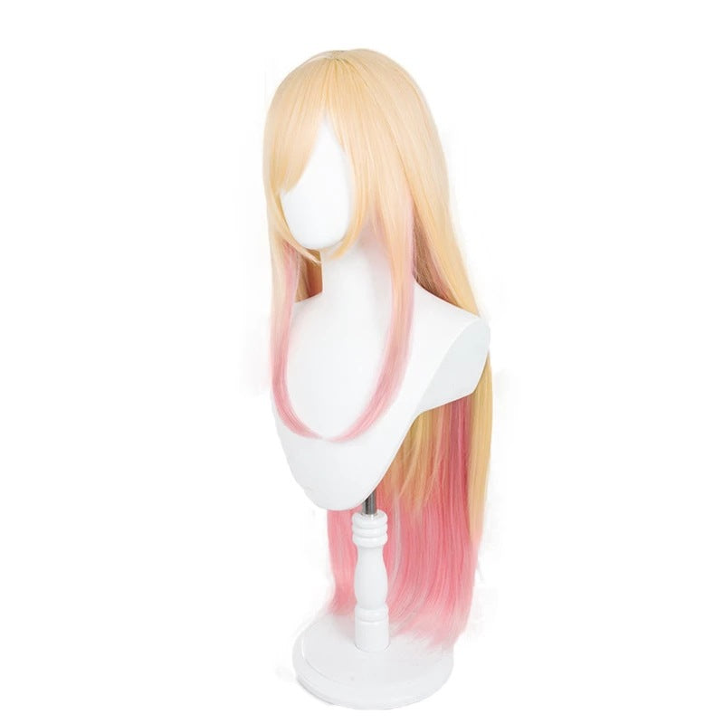 Long pink Marin Kitagawa wig, 60cm, from eprolo, styled with layered, straight hair and full bangs.