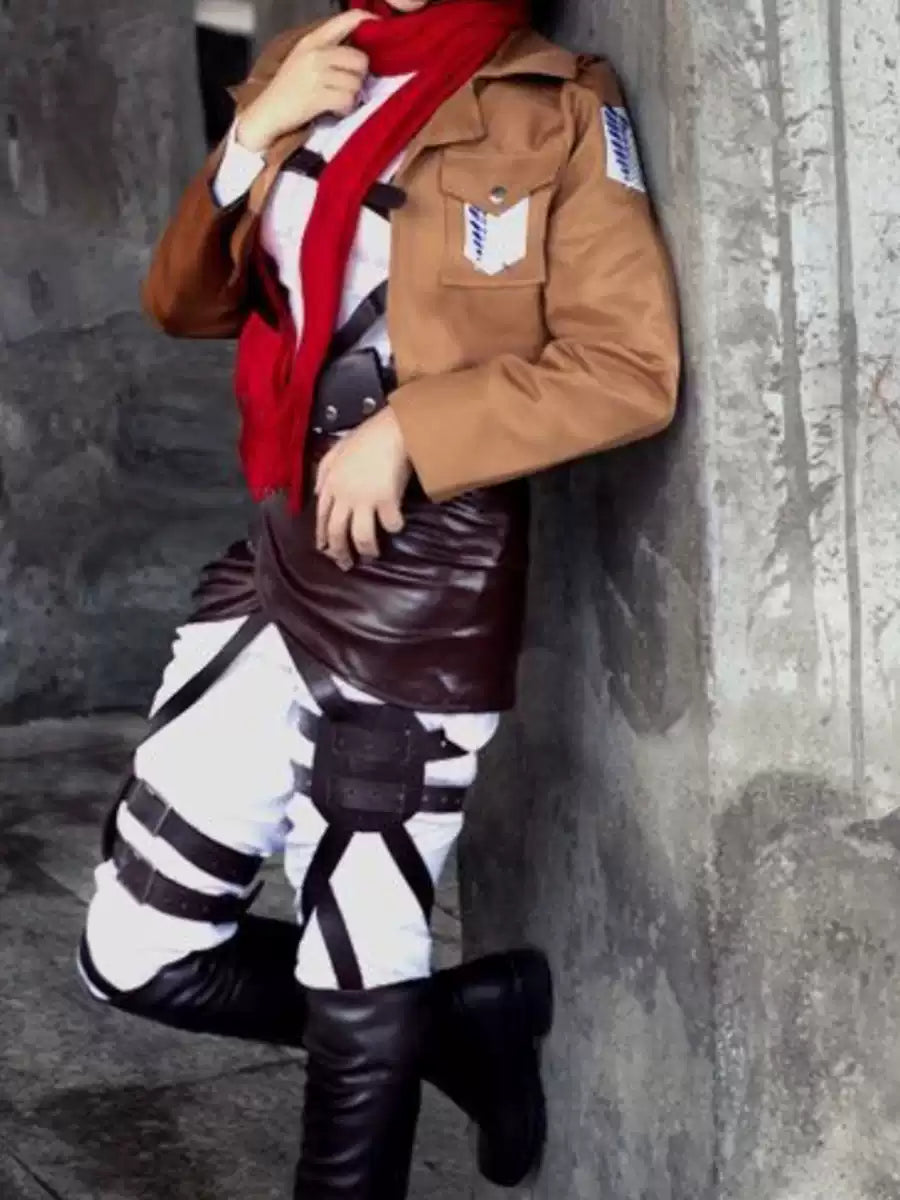 Mikasa Ackerman cosplay with wig from Attack on Titan featuring detailed costume and hairstyle, displayed on a plain background