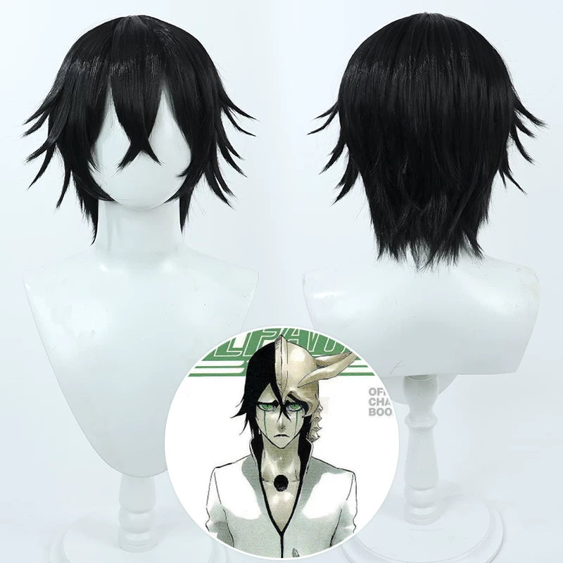 Ulquiorra Schiffer cosplay with wig from Bleach, featuring character costume and green hair wig by Shadora.